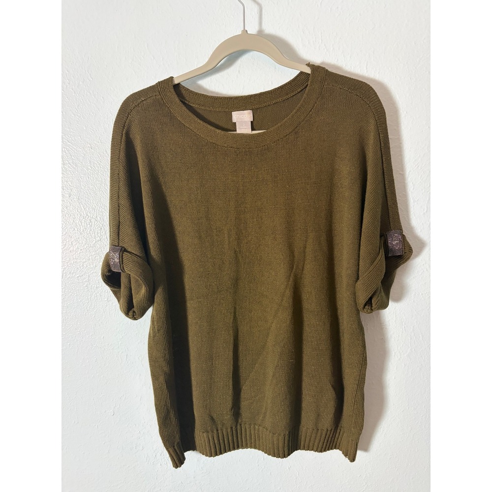 Chicos Olive Green Linen Blend Knit Sweater Beaded Metallic Cuff L Minimalist
